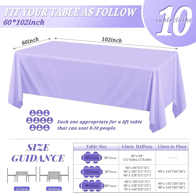 10 Pack 60 x 102 Inch Rectangle Tablecloth, Purple Tablecloth for 6 Feet Rectangle Tables, Stain and Wrinkle Resistant Washable Fabric Table Cloth for Wedding Dining Table Buffet Parties Camping