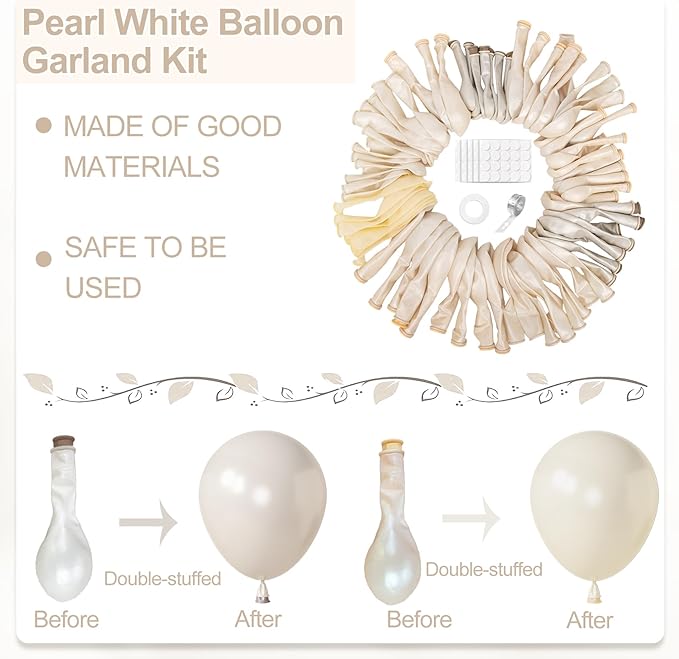Amandir 173 Pcs Pearl White Balloon Arch Garland Kit, Double-Stuffed Pearl Ivory White Sand Clear Baptism Balloons for Wedding Bridal Shower Engagement First Communion Birthday Party Decorations