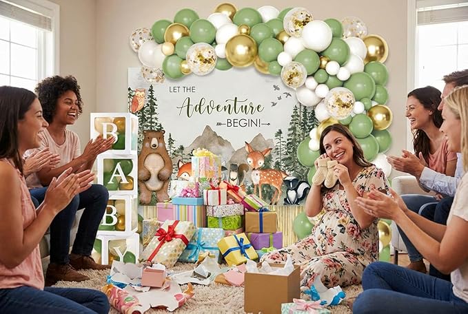 140PCS Woodland Adventure Baby Shower Decorations, Let The Adventure Begin Mountain Baby Shower Supplies, Sage Green Balloon Garland Kit, BABY Boxes, Backdrop Banner