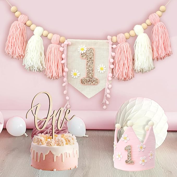 Daisy 1st Highchair Wood Bead Tassel Garland Crown Hat Wooden Cake Topper Birthday Decorations