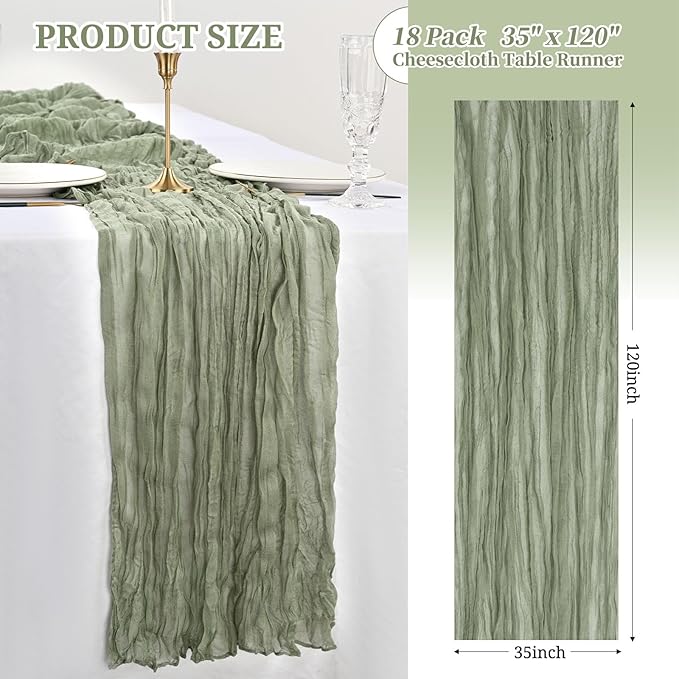 Showgeous 18 Pack Sage Green Cheesecloth Table Runner, 10FT Long Semi-Sheer Boho or Rustic Gauze Table Runner Wedding Table Decor for Wedding Arch Draping Bridal Shower Holiday Party St Patricks Day