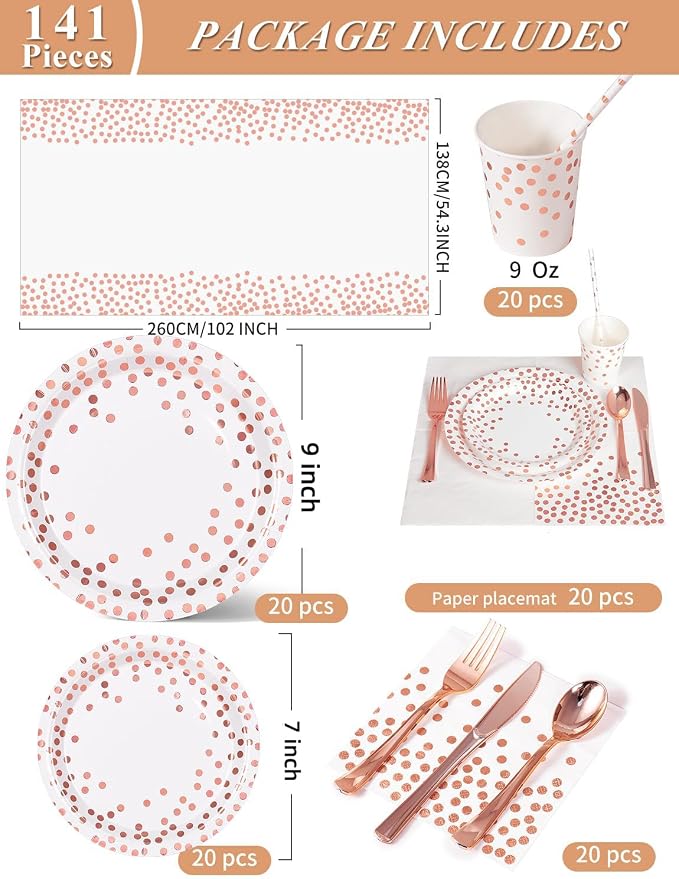 Nkaiso 141 Pieces Rose Gold Party Supplies, Disposable Party Decorations Sets Include Paper Plates Napkins Cups, Plastic Forks Knives Spoons, for Baby Shower Birthday Wedding -20 Guests