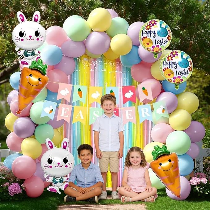 Pastel Balloons Arch Kit Double Stuffed Ma'ca'ron Balloons with Bunny, Carrot & Egg Foil Balloon Easter Banner and Colorful Fringe Curtain for Birthday Baby Shower Spring Pastel Party Decoration