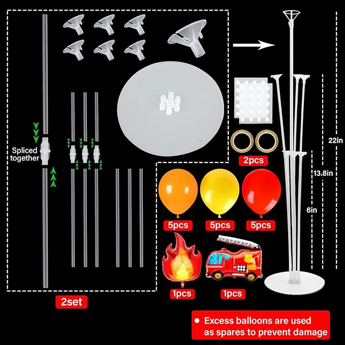 Fire Party Balloons Stand Kit 2 Sets with 2 Fire Truck Foil Balloons Fireman Firefighter Themed Party Balloon Centerpiece for Tables for Firefighter Rescue Birthday Party Decorations