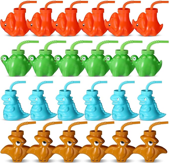 Maxcheck 24 Pieces Dinosaur Cups with Straws and Lids 10oz Dinosaur Party Favor Cups Bulk Plastic Dino Theme Party Supplies Reusable for Dino Birthday Decorations Safari Jungle