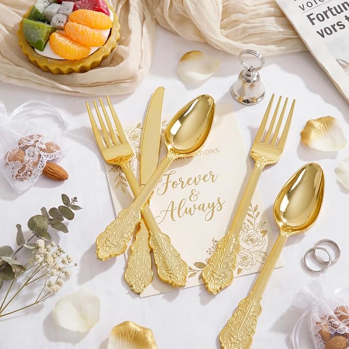 Supernal 360pcs Gold Plastic Silverware Set with Embossed Handles - Vintage Baroque Heavy Duty Disposable Cutlery (120 Forks, 120 Spoons, 120 Knives) | Elegant Gold Utensils for Wedding & Party
