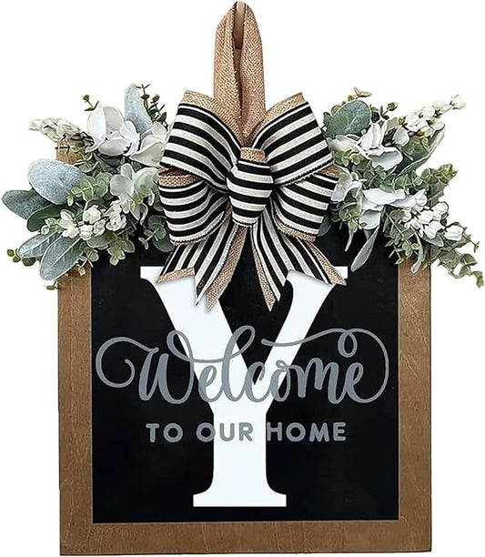 Last Name Year Round Front Door Wreath Front Porch Decoration 26 Letter Welcome Sign with Eucalyptus Garland and Bow Spring Wreaths for Front Door Outside Hanger Garland（Y）