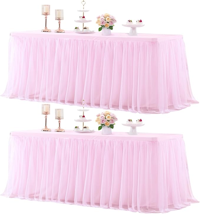 Suppromo 2 Pack 6ft Pink Tablecloths for Rectangle Tables 72 x 30 Inch Pink Rectangular Table Cloth, Wrinkle Free Table Cover with Tutu Skirt for Baby Shower Birthday Party Banquet Buffet Cake