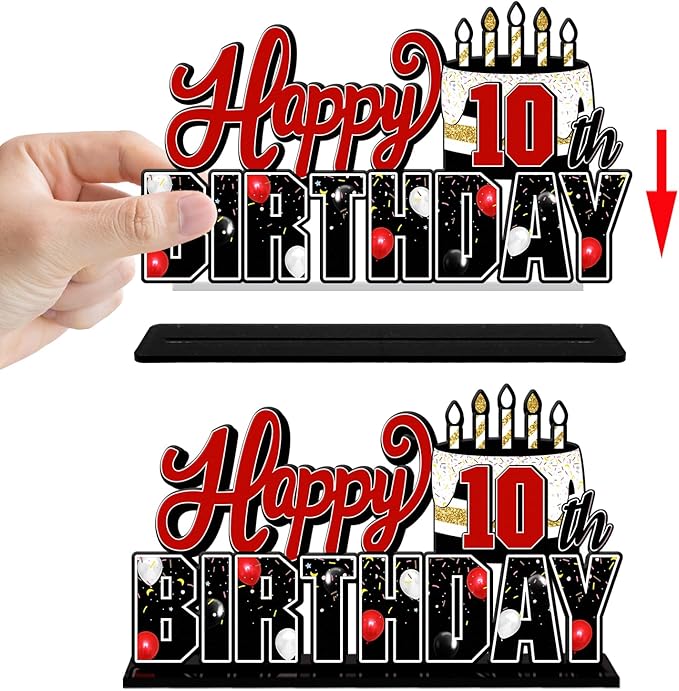 LINGTEER Happy 10th Birthday Red Acrylic Table Topper Centerpieces Set - Cheers to Ten Years Old Birthday 10th Bday Party Gift Decorations.
