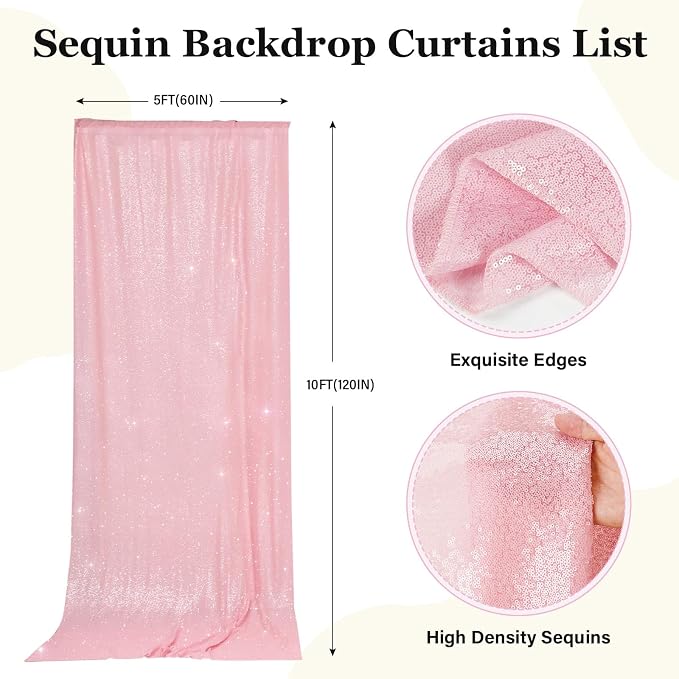 PartyDelight Pink Sequin Backdrop Curtains 5x10ft 2 Panels | 3mm stitched sequin curtain with 4 inch rod pocket for 5x10ft wide reception wall head table stage backdrop and event display