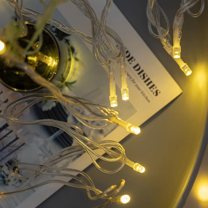 YULETIME 300 Warm White String Lights, 100 ft 8 Models Clear Wire 5mm LED | Wide Angle Bulbs, Safe 29V Adapter, Multimode Lighting, Connectable, 100' Total Length, 1-Strand 300 Lights, 4" Spacing