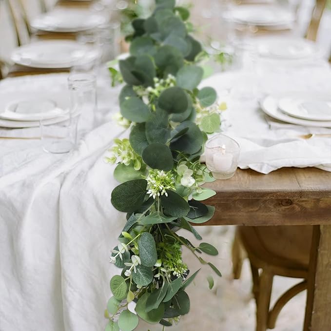MAKHOT 5.9FT Eucalyptus Garland, Artificial Greenery Garland Flower, Green Garland Wreath Vines Decorations, Fake Silver Dollar Eucalyptus Leaves Vines for Table Home Wedding Mantle Party Decor