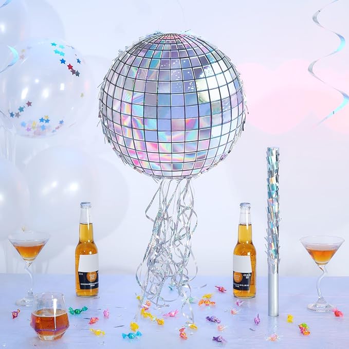 WERNNSAI Disco Ball Piñata - Disco Party Decoration for Adult Birthday Party Supplies Hanging Disco Piñata with Bat Blindfold Mirror Roller Skating Pull String, 12.2” x 12.2”