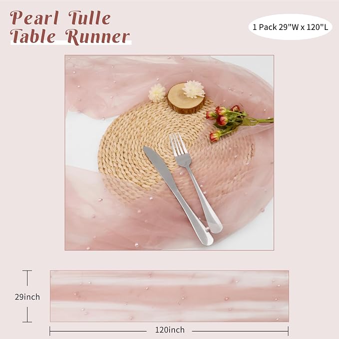 Set of 6 Pearl Valentine's Day Table Runner 29 x 120 Inch Dusty Pink Boho Rustic Tulle Fabric Lace Table Runners for Bridal Shower Birthday Party Wedding Arch Dessert Table Decor(Dusty Pink)