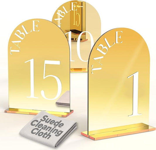 Mirror Arched Wedding Table Numbers 1-15 with Stands, 5"x7" Double-sided Letter, Acrylic Wedding Signs Centerpiece Decoration for Wedding Reception Party (Gold, Table Numbers 1-15)