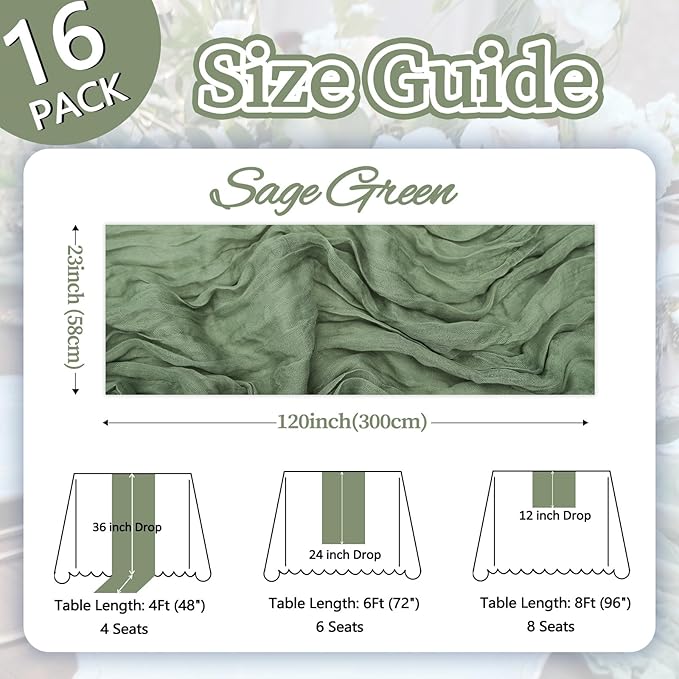 16 Pack Sage Green Cheesecloth Table Runner 10ft Boho Gauze Fabric 120 Inch Cheese Cloth Table Runner Rustic Sheer for Holiday Baby Shower Party Décor Home Wedding Decoration