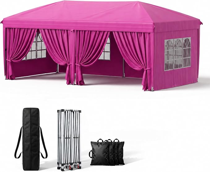 KIGOTY 10x20 FT Portable Pop Up Canopy Tent, Adjustable Height Instant Gazebo with Sidewalls, Sandbags, Waterproof Outdoor Canopy for Camping, Parties, Vendor Events (Pink, 3m × 6m with sidewalls)