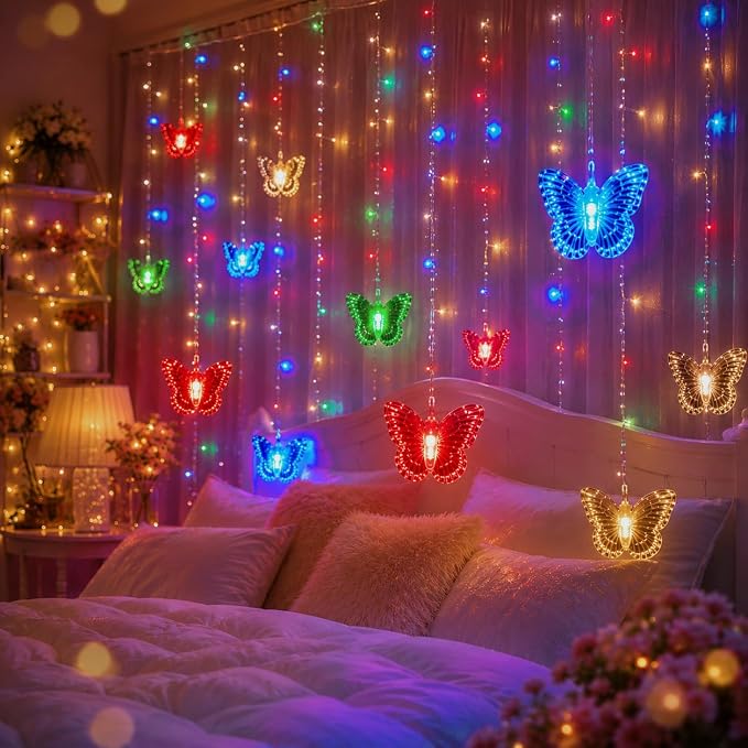 Butterfly Curtain Fairy Lights USB Plug in,8 Modes 120 LED 20FT Firefly Twinkle Timer String Lights with Remote, Waterproof for Bedroom Christmas Wedding Party (Multicolor)