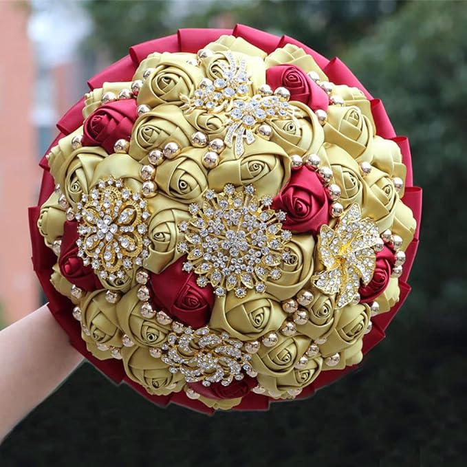 Burgundy and Gold Wedding Bouquet Luxury Gold Rhinestone Brooch Bridal Bouquet for Bride Bridesmaid Quinceanera Holding Artificial Satin Rose Flower Wedding Bouquet 7.1in