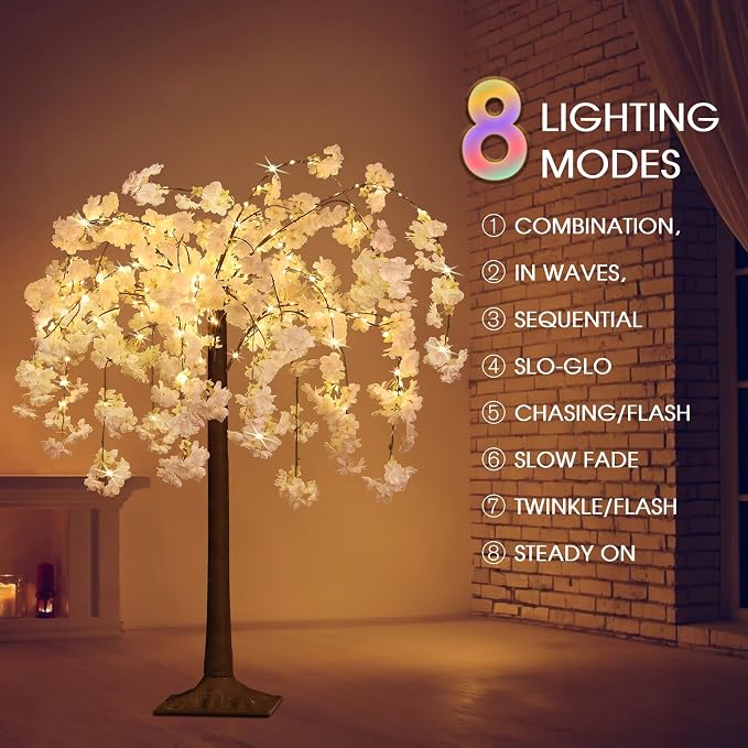 OUSHENG Lighted Cherry Blossom Tree LED Artificial Trees for Decoration Inside, Light up Fake Plant with Faux Flower for Home Wedding Party Festival Christmas Indoor Decor, Warm White, 4FT