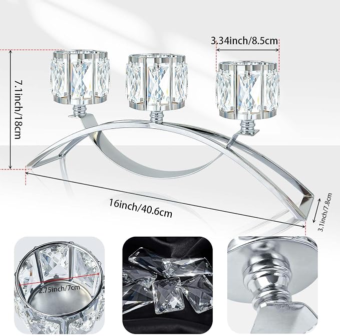 3 Arms Crystal Candle Holders, Arch Candlestick Table Candelabras Centerpieces for Wedding, Dinning Room, Cabinet Ornaments, Home Decoration， Gift (Silver, 2 Pcs-3 Arm Arched)