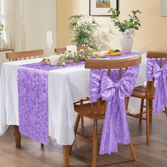 MILVOWOC 12 Pack Lilac Satin Table Runner, 12 x 72 Inch Jacquard Damask Table Runner Rectangle Bright Silky Decorative Table Runner for Party Banquet Birthday Dinner Wedding Table Decor