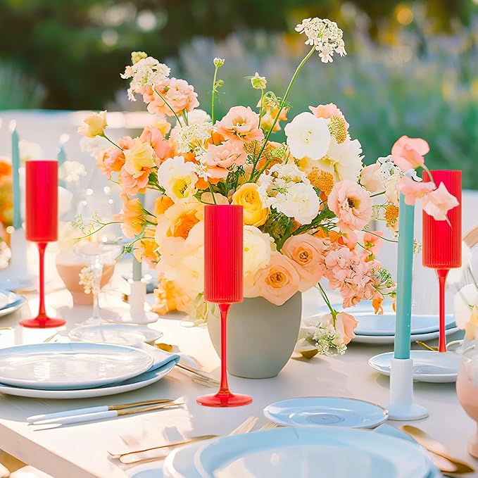 JLYLOL 12 Pcs Red Plastic Champagne Flutes 6OZ Large Ribbed Champagne Glasses Toasting Glass Plastic Goblets for Parties Vintage Mimosa Bar Glasses Elegant Stemmed Drinking Cups for Wedding Bride