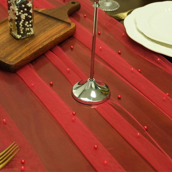 Set of 6 Pearl Table Runner 10ft, 29 * 120 Inch RED Table Cloth Pearl Sheer Tulle Table Cover,Pearl Table Runner for Wedding Party Baby Shower Birthday Home Decor