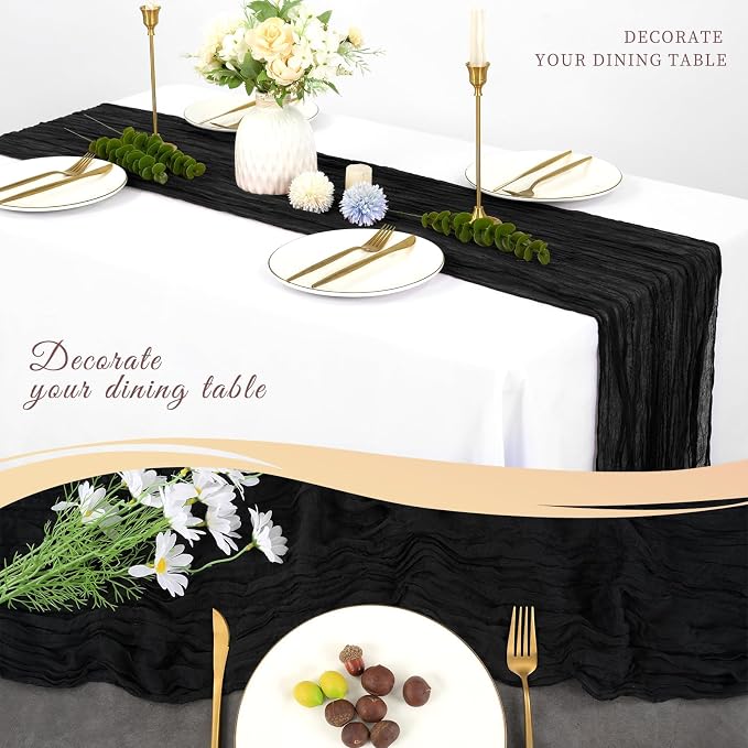 20 Pack Cheesecloth Table Runner 17 x 108 inch Long Boho Gauze Table Runners Semi Sheer Table Runner for Wedding Decor, Baby Shower, Birthday Party, Banquet (Black)