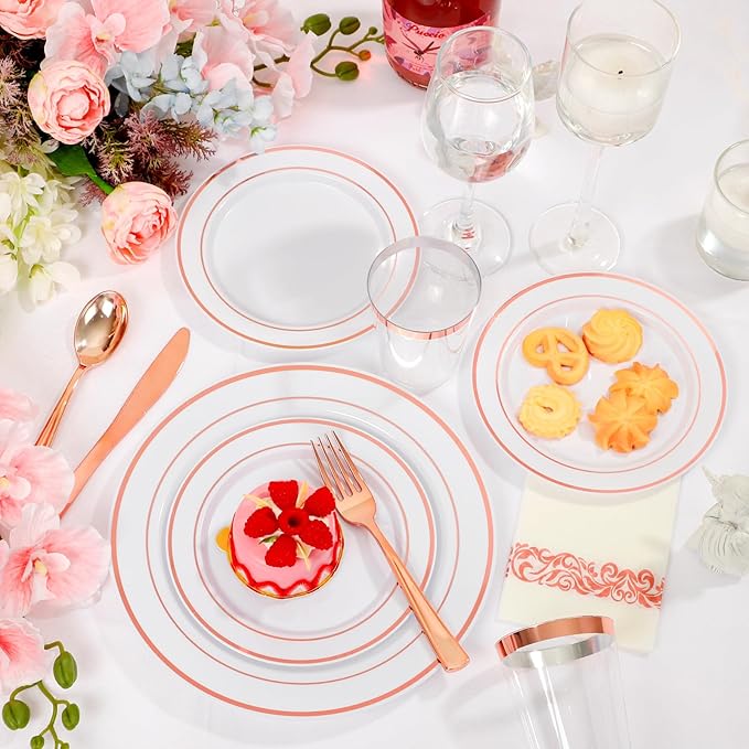 Supernal 200pcs Rose Gold Plastic Dinnerware included Disposable Flatware& Plastic Party Plates Disaposable Cups and Napkins,Perfect for Valentine's Day Mother's Day and Easter