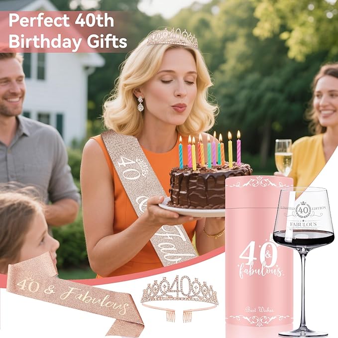 40TH Birthday Gifts for Women Her,40th Birthday Sash,Crown,Rhinestone Tiara,Vintage Engraved Wine Glass,40 Year Old Birthday Decorations For Her,Women,Mom,Wife,Friends,Sister-Turning 40 Present