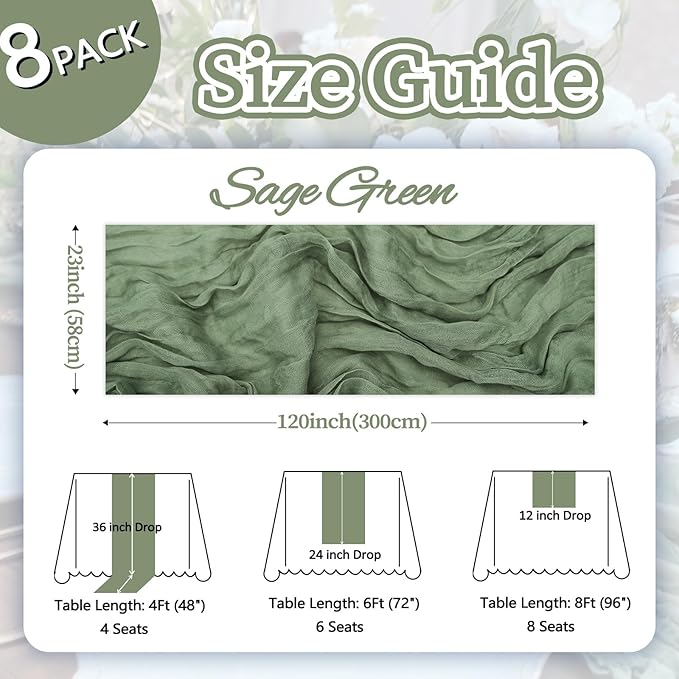 8 Pack Sage Green Cheesecloth Table Runner 10ft Boho Gauze 120 Inch Cheese Cloth Table Runner Rustic Sheer for Spring Holiday Baby Shower Party Décor Home Wedding Decoration