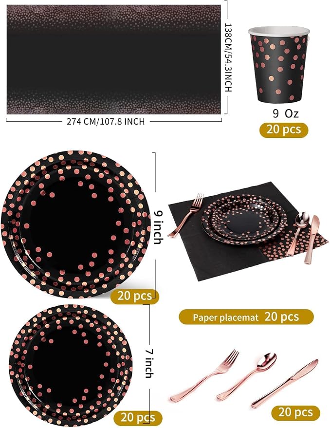 Nkaiso 141 Pieces Black and Rose Gold Party Supplies, Disposable Party Decorations Sets Include Paper Plates Napkins Cups, Plastic Forks Knives Spoons, for Baby Shower Birthday Wedding -20 Guests