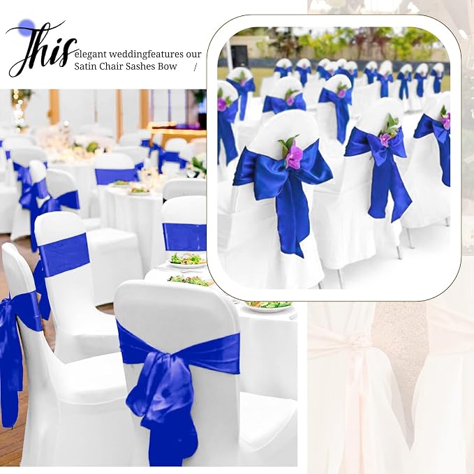Pesonlook 60 PCS Royal Blue Satin Chair Sashes Bows Satin Chair Sashes Universal Chair Cover for Wedding Reception Restaurant Event Decoration Banquet,Party,Hotel Event Decorations (7 x 108 inch)