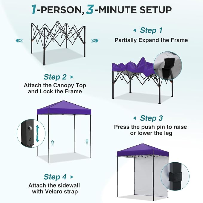 EAGLE PEAK 6x4 Instant Pop Up Canopy Tent with 1 Side Wall Panel, Straight Leg Sun Shelter, Portable Canopy with Carry Bag for Camping, Beach & Sports, Purple