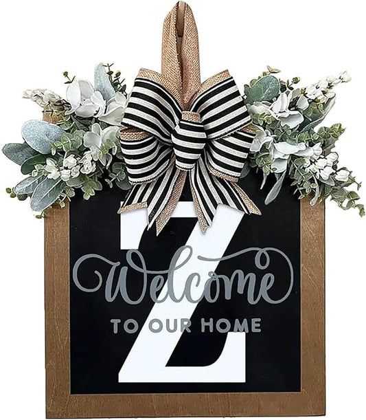 Last Name Year Round Front Door Wreath Front Porch Decoration 26 Letter Welcome Sign with Eucalyptus Garland and Bow Spring Wreaths for Front Door Outside Hanger Garland（Z）