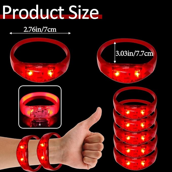 24 Pcs LED Glow Bracelets Sound Activated Bracelet Glow Bracelets with Flashing LED Strobe for Carnival,Concerts , Night Events, Rave, Game Prizes, Birthday Party Favor, New Year's Eve Gift (red)
