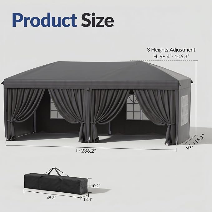10x20 Pop Up Canopy with Sidewalls, Instant Tent with Carry Bag, Sandbags, Height Adjustable Waterproof Outdoor Canopy, Outdoor Canopy for Events, Camping, Parties (Grey)