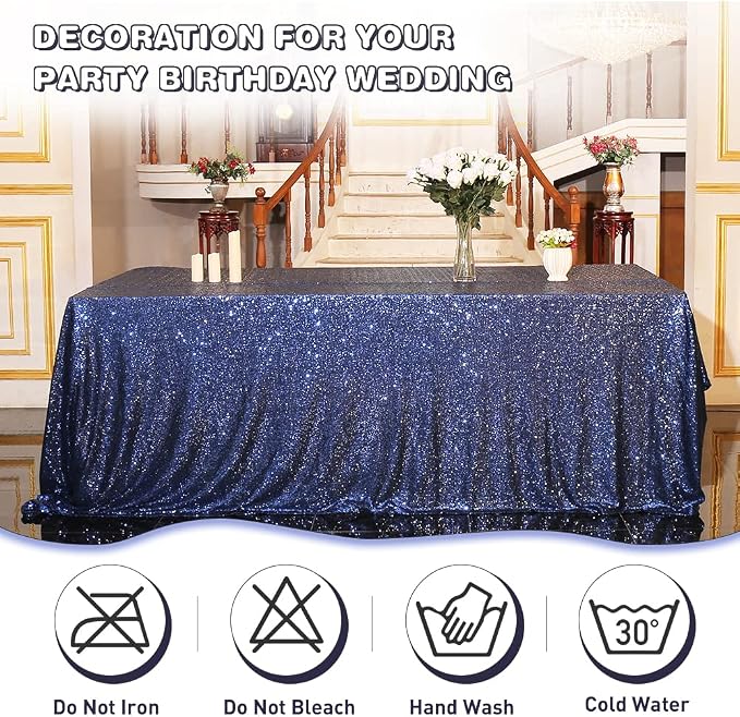 Eternal Beauty Navy Blue Tablecloth, 90x132 Inch Sequin Rectangle Table Cover for Cake Dessert Exhibition Party Birthday Events