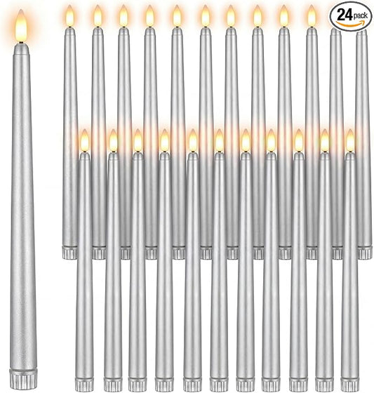 Macarrie 24 Packs Flameless Taper Candles Battery Operated Fake 11 Inch Long Candlelight LED Flameless Candlesticks Flickering Tapered for Summer Fall Wedding(Silver)