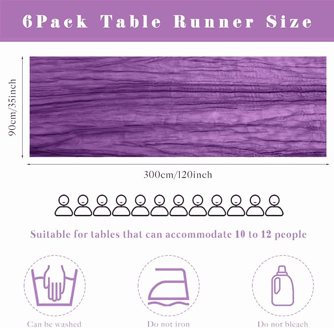 Purple 6 Pcs Cheesecloth Table Runner 10FT Runner for Tables Gauze Fabric 35 x 120 Inches Long Boho Table Runner Decoration Rustic Sheer Runner for Wedding Birthday Baby Shower Party (Purple)
