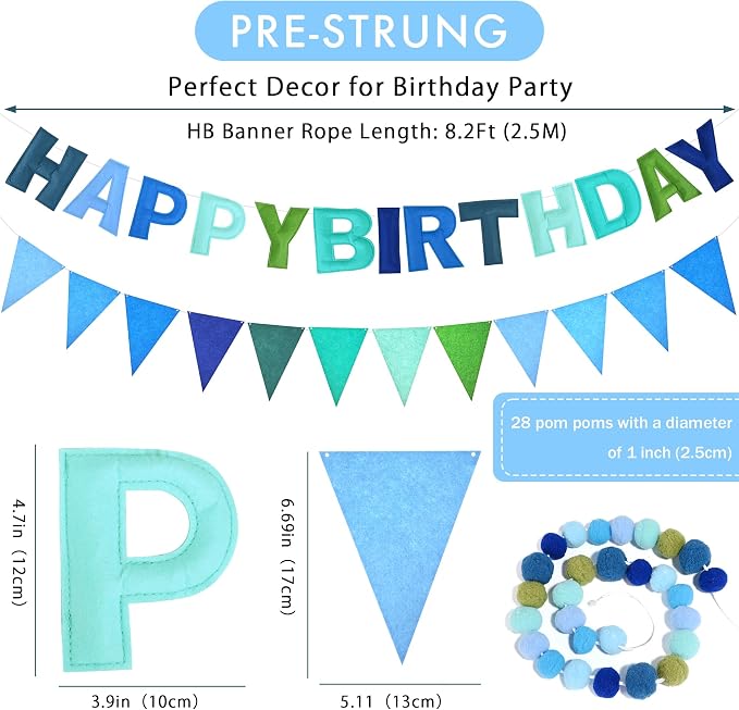 CANREVEL Pre-Strung 3D Rainbow Happy Birthday Banner, 3 PCS Happy Birthday Felt Sign, Pom Pom Garland, Triangle Fabric Bunting, Colorful Reusable Birthday Decorations for Women Men Girls Boys, Blue