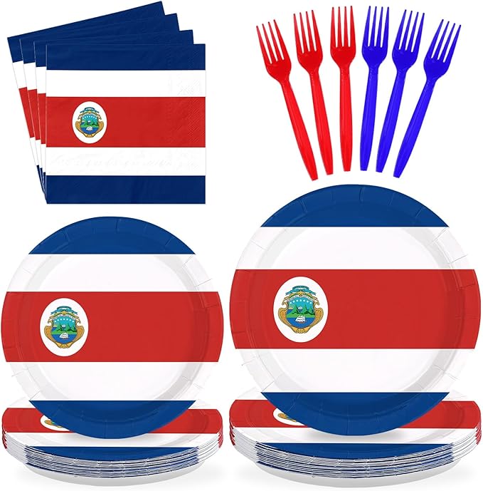 96Pcs Costa Rica Flag Party Supplies Costa Rica Theme Plates and Napkins National Flag Disposable Paper Tableware Set for Sports Event School Party Patriotic Festival Decoration Serves 24
