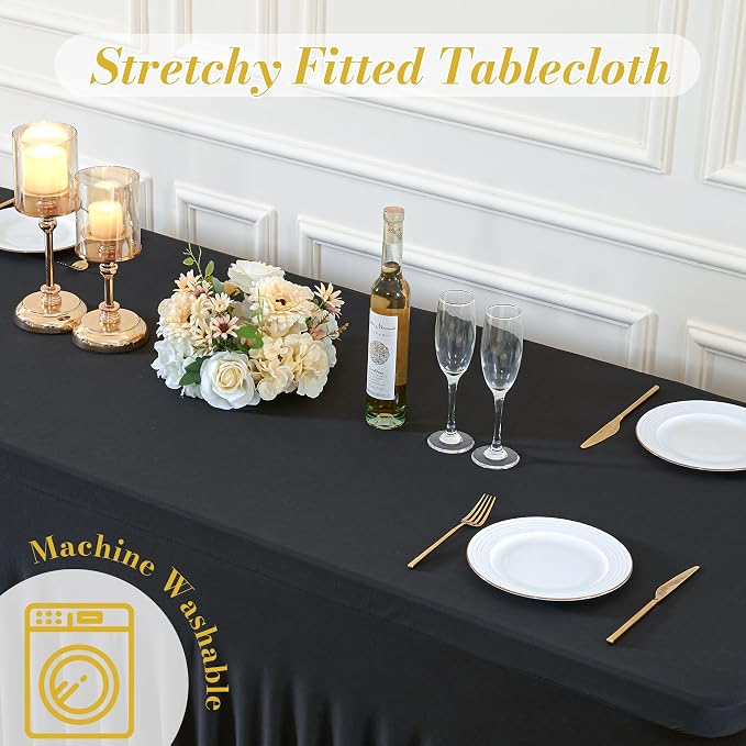 gogoparti 2 Pack Spandex Black Fitted Table Cloth for 8ft Rectangle Tables Black Stretch Tablecloth Table Covers Skirt Banquet Wrinkle Free Tablecloths for Parties Wedding