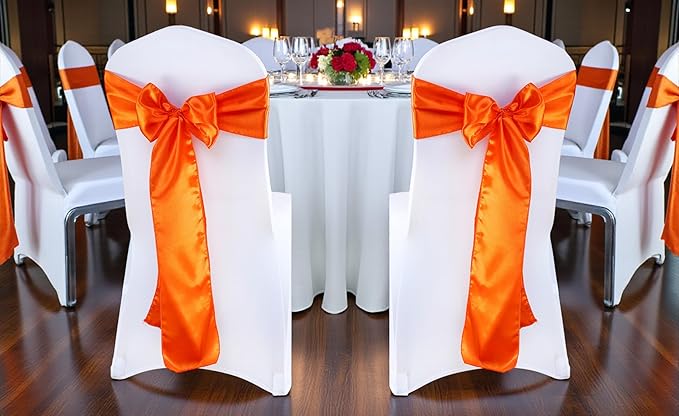 MDS Satin Chair Sashes, 10 Pack, 7”x108” Each, Decorative Chair Bows Ribbon Tie Backs for Wedding Party, Holiday Dinner, Birthday, Reception, Banquet, Hotel & Event Decoration - Orange