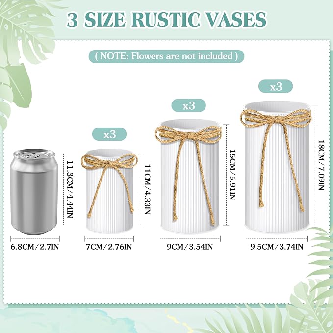 Zonon 9 Pcs Farmhouse Vase Decor with Twine Bow 4.33" Galvanized Flower Bucket 5.91" Metal Pots 7.09" Rustic Decorated Vases for Artificial Flowers Home Table Weddings Decor (White)