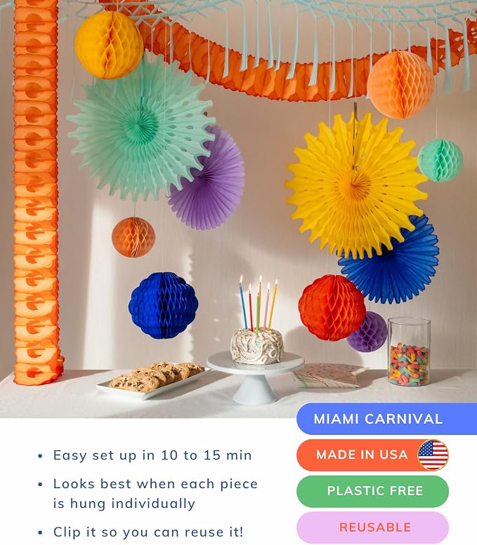 POP SOCIIAL Eco Friendly Paper Party Decoration Set - 13 Pieces, Miami Carnival - Made in the USA Plastic-Free FSC Sustainable Recyclable Reusable Pack - Dopamine Decor
