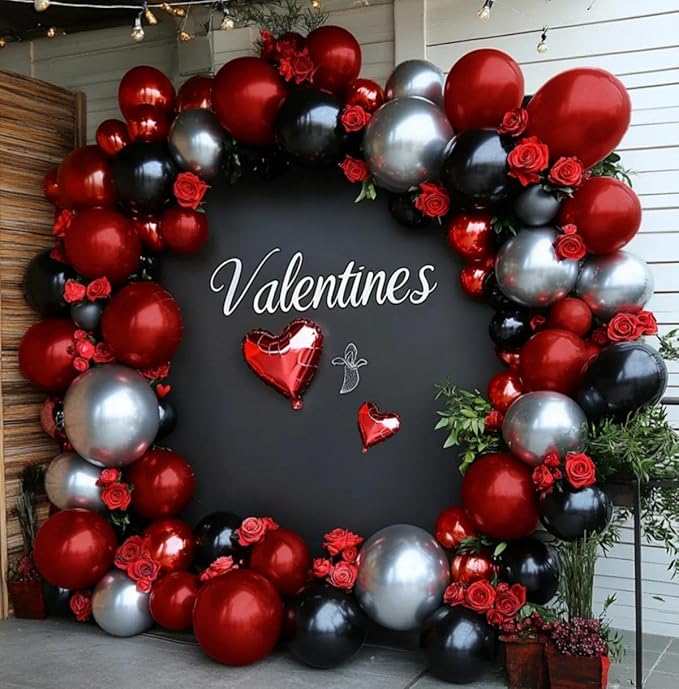 Red Black Balloon Arch, Double Stuffed Dark Ruby Red Black Silver Balloon Garland Kit Burgundy Maroon Balloons for Birthday Wedding Valentines Day Baby Shower Engagement Graduation Party Decor