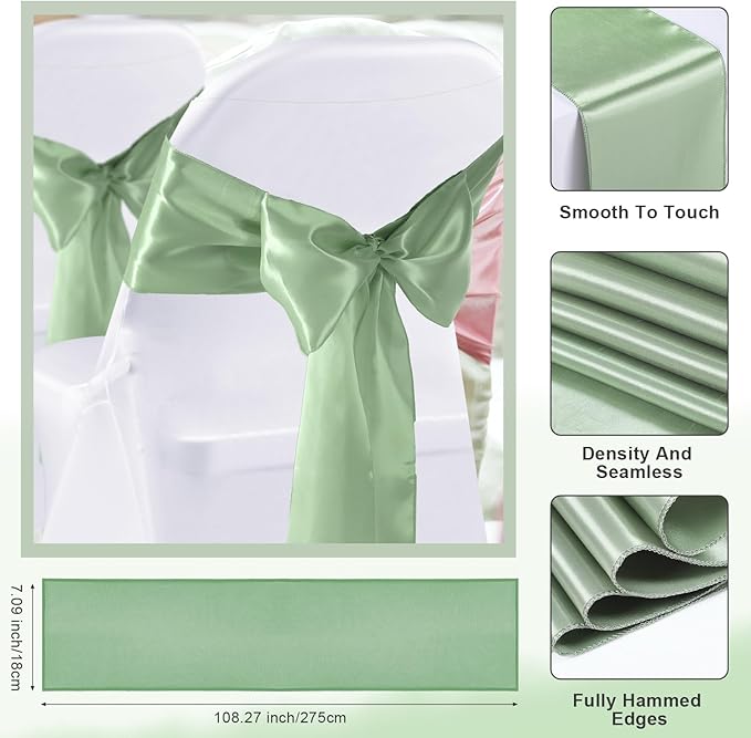 Lounsweer 50 Pcs Folding Chair Cover Set with 25 Stretch Spandex Slipcovers 25 Satin Chair Sashes Bows Ribbon Washable Banquet Protector for Wedding Event Party(White, Sage Green)