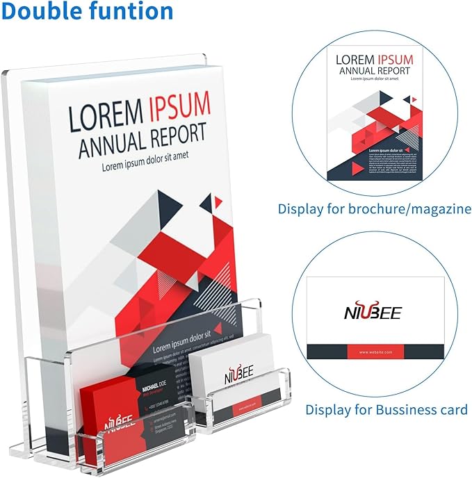 NIUBEE 6-Pack Acrylic Brochure Holder 8.5*11 inches , Clear Brochure Display Stand with Acrylic Business Card Holder, Plastic Flyer Display Stand for Magazine, Pamphlet, Booklets, Menu, Journals